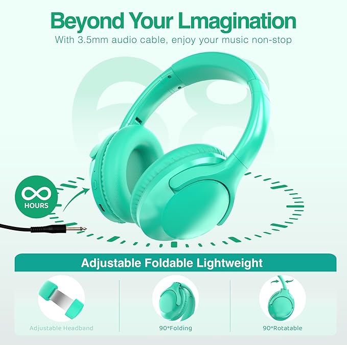 MIDOLA Bluetooth Headphones Over Ear 68H Playtime 6 EQ Wireless Headset with Microphone HiFi Stereo Foldable Lightweight Deep Bass for Travel Home Office Cellphone Cyan