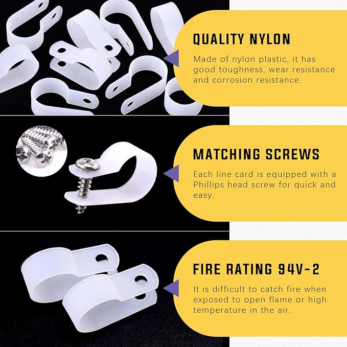 Swpeet 120 Pack White 5/8 Inch Nylon Plastic R-Type Cable Clips Clamp Kit, Nylon Screw Mounting Cord Fastener Clips with 120 Pack Screws for Wire Management (5/8 Inch, White)