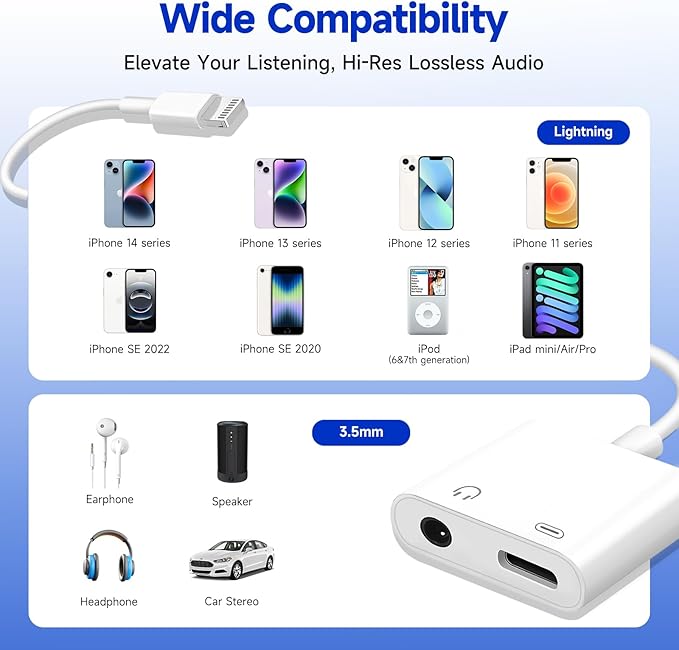 [Apple MFi Certified] 2-in-1 Charging & Audio Adapter for iPhone, Lightning to 3.5mm Headphone Jack Dongle Splitter, Supports Hi-Res Lossless Sound, Compatible with iPhone 14/13/12/11/XS/XR/8/7 10Pack
