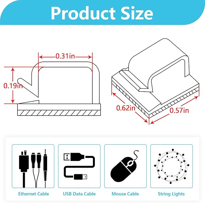 100PCS Adhesive Cable Clips, Wire Holder Organizer Cord Management, Cable Staples Outdoor Strong Cord Clips for Wall, Desk, Christmas Lights, String Lights, TV PC Ethernet Cable, Black Small
