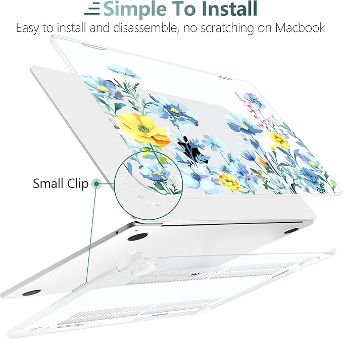 TWOLSKOO Compatible with M4 MacBook Air 13.6 inch Case 2025-2022 Release M4 A3240 M3 A3113 M2 A2681, Plastic Hard Shell & Keyboard Cover & Type C Adapter & Screen Protector, Blue Flowers