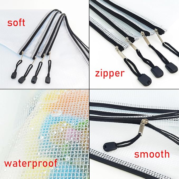 AUSTARK 10 Pcs Zipper File Bags, Waterproof Plastic Mesh Pouch for Office School, Board Game Storage Bags (A5 Size 9.2''x6.7'', White and Black)