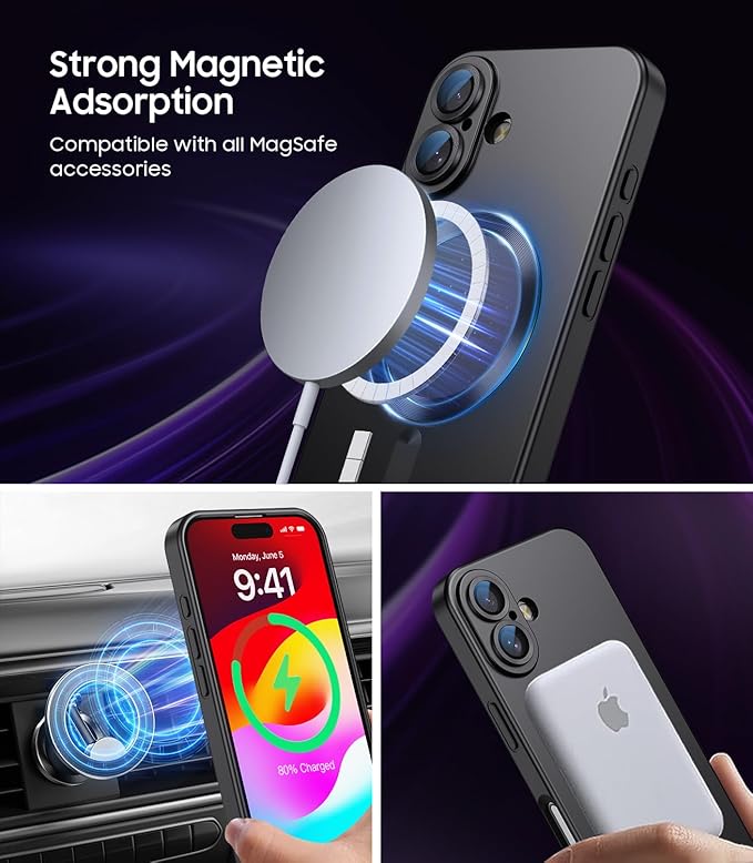 Magnetic for iPhone 16 Case [Compatible with MagSafe][Built-in Camera Lens Protector] Slim Soft Silicone Bumper Shockproof Metallic Luster Phone Case (Black)