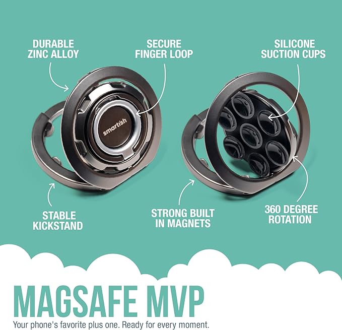 Smartish® MagSafe Suction Mount - WallFlower - 3 in 1 Reversible Magnetic Phone Grip Finger Loop, Suction Mount, Kickstand w/Universal MagSafe Adapter Kit for Apple iPhone - Black Tie Affair