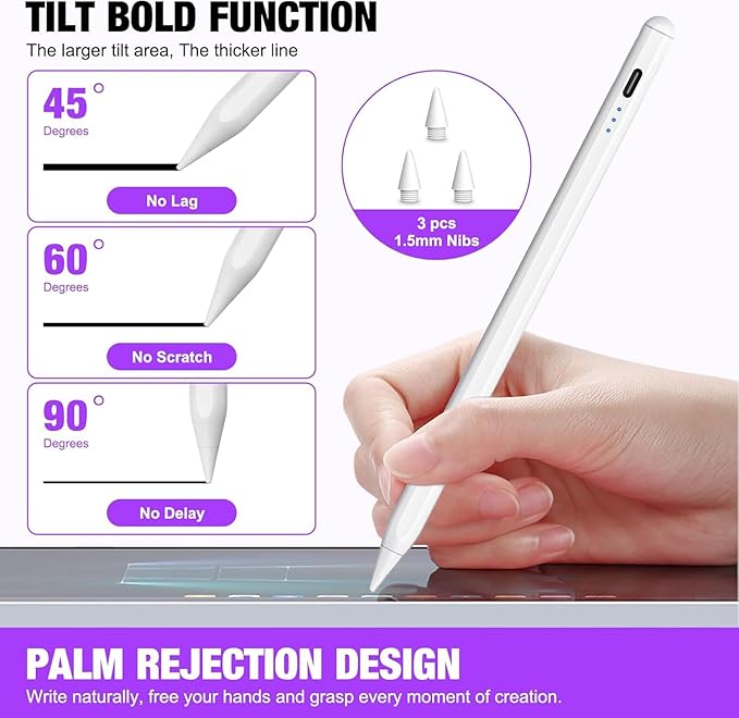 2Pack Stylus Pencil for iPad A16/11th Gen(2018-2025),Fast Charging Pen with Palm Rejection&Tilt Sensitivity Compatible with iPad 6/7/8/9/10/11,iPad-Pro 11"/12.9"/ M4, iPad-Air 3/4/5/M2/M3,Mini 5/6/7