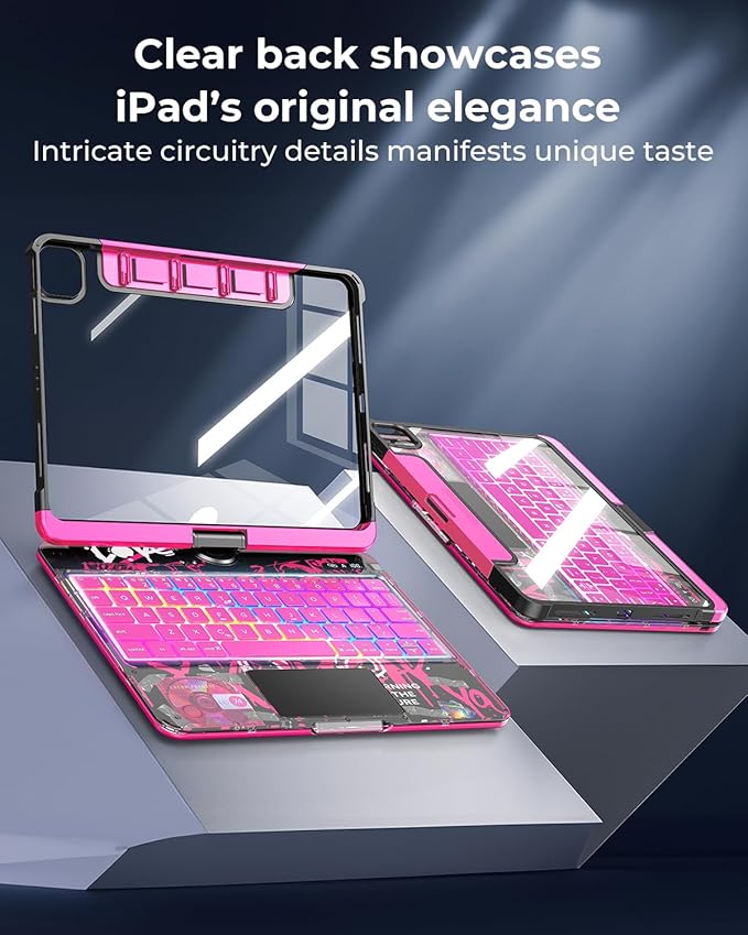 SIEBITU Clear Wireless Keyboard Case for iPad Air 11-inch (M3 2025/M2 2024) & iPad Pro 11-inch 4th 3rd 2nd 1st Gen, 7-Color Backlit with Multi-Touch Trackpad for 10.9" iPad Air 4th/5th Gen, Pink