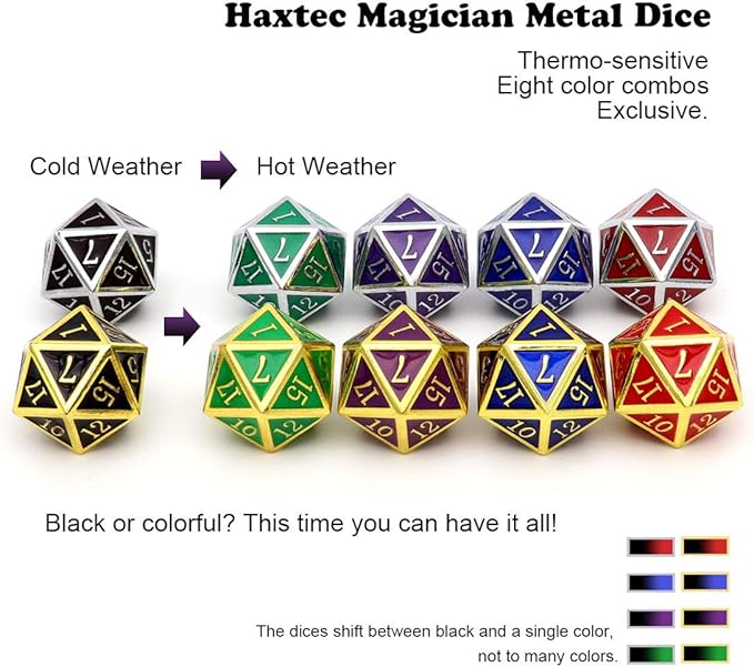 Haxtec Color Shifting Metal DND Dice Set Temperature Sensitive Polyhedral D&D Dices Compatible with Dungeons and Dragons RPG-Silver Black Green Shift