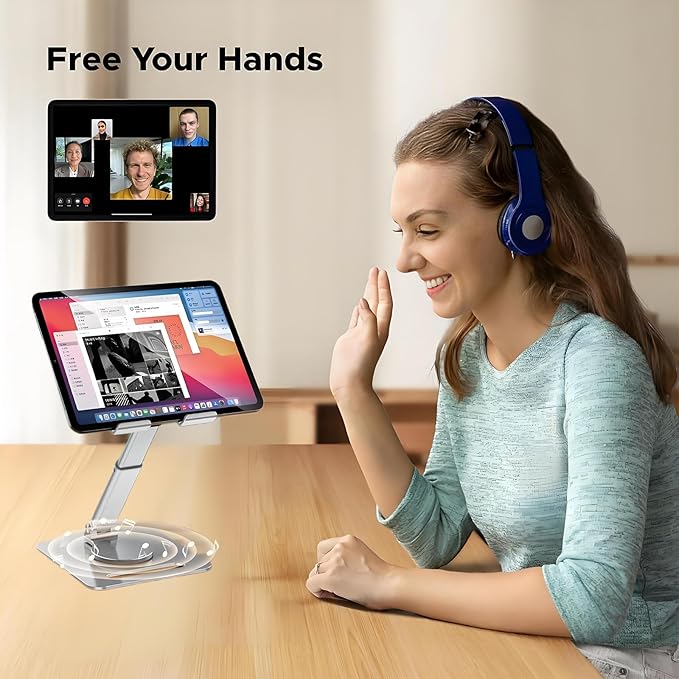 GuaziV 360° Rotating Tablet Stand - Adjustable iPad Tablet Holder for Desk, Foldable iPad Swivel Stand for Home & Office (Polished Silver)