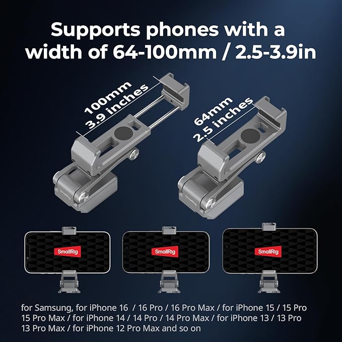 SMALLRIG Metal Phone Mount with Baseplate for Arca-Swiss,Compatible for DJI RS 4 Mini & RS 3 Mini, Cell Phone Mount Adapter Support Free Adjustment Joints, Phone Tripod Mount for iPhone 16 15-5338