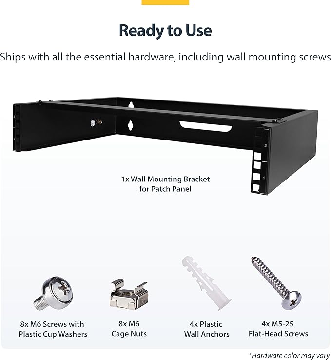 StarTech.com 2U Wall Mount Network Rack - 14 in Deep (Low Profile) - 19" Patch Panel Bracket for Shallow Server, IT Equipment, Network Switches - 77lbs/35kg Weight Capacity, Black (RACK-2U-14-BRACKET)