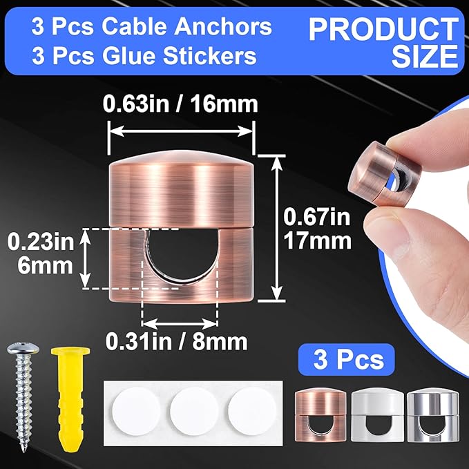 3 Sets Charger Holders for Cords, Adjustable Cable Anchor Holders, Adhesive Metal Cord Clips, Cable Management Wire Organizers for Desk, Office, Nightstand - White, Silver, Red Bronze