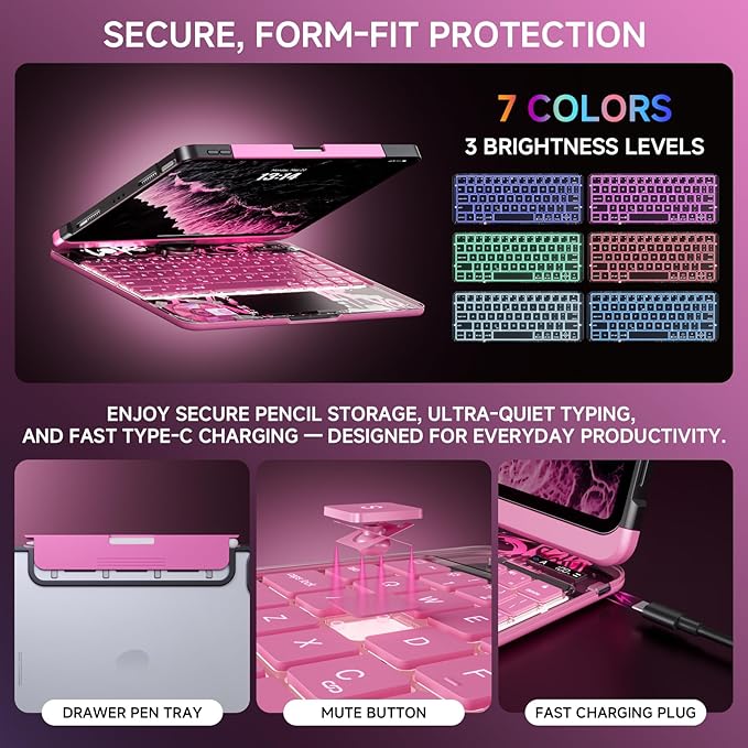 Transparent Case with Keyboard iPad Air (M3/M2,2025/2024) 11 Inch,Compatible 10.9" iPad Air 5th/4th & 11" iPad Pro 4/3/2/1,7-Color Backlit,Wireless Keyboard, 360°Rotating,with trackpad,Pink