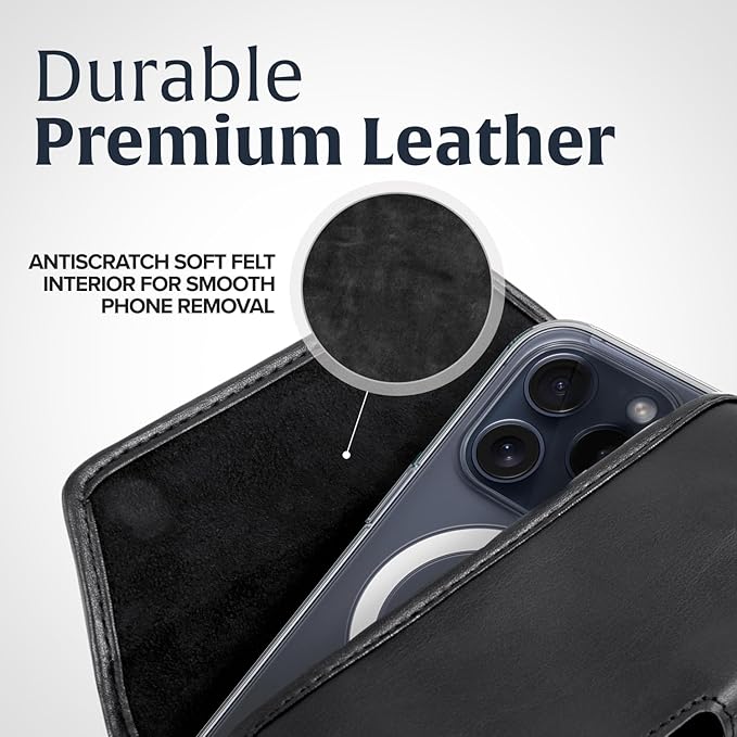 Turtleback Belt Holder for iPhone 16 Pro Max, 15 Pro Max, 14 Pro Max -Small- Fits w/Slim MagSafe Style Cases, Premium Black Leather Horiz. Belt Holster, Magnetic Closure, Leather Wrapped Clip