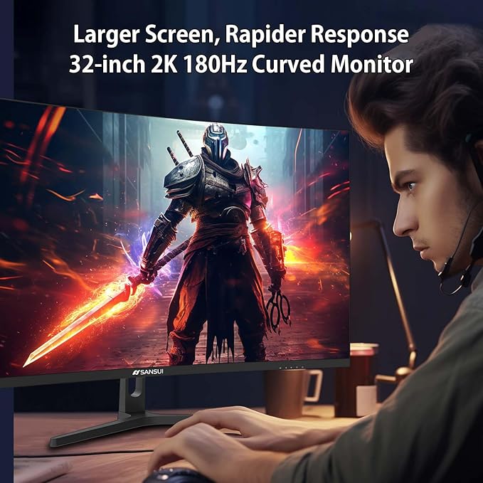 SANSUI 32-Inch Curved Gaming Monitor WQHD 2560 x 1440 180Hz Curved 1500R -1ms(OD), HDR, 300nits, sRGB 125%, DCI-P3 95%, FreeSync, HDMI x2, DP1.2x2(DP Cable Included)