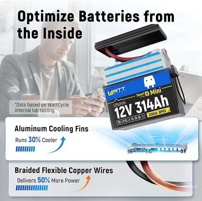 12V 314Ah Lithium LiFePO4 Battery Mini with Bluetooth 5.0 BMS 200A, 4.01kWh Energy, Upgraded Aluminum Cooling Fins & Braided Copper Wires, upporting devices over 2000W (2 PCAK)
