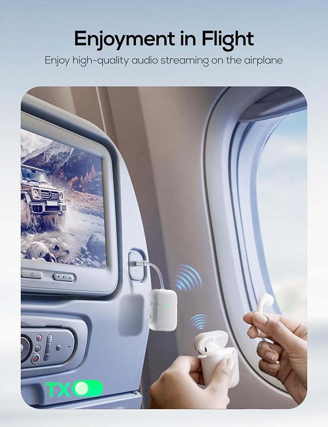 Nulaxy Air in-Flight Bluetooth Wireless Audio Transmitter Receiver for up to 2 AirPods & Wireless Headphones, Bluetooth Adapter for All 3.5mm Jacks on Airplanes, Gym Equipment, TVs & Gaming Consoles