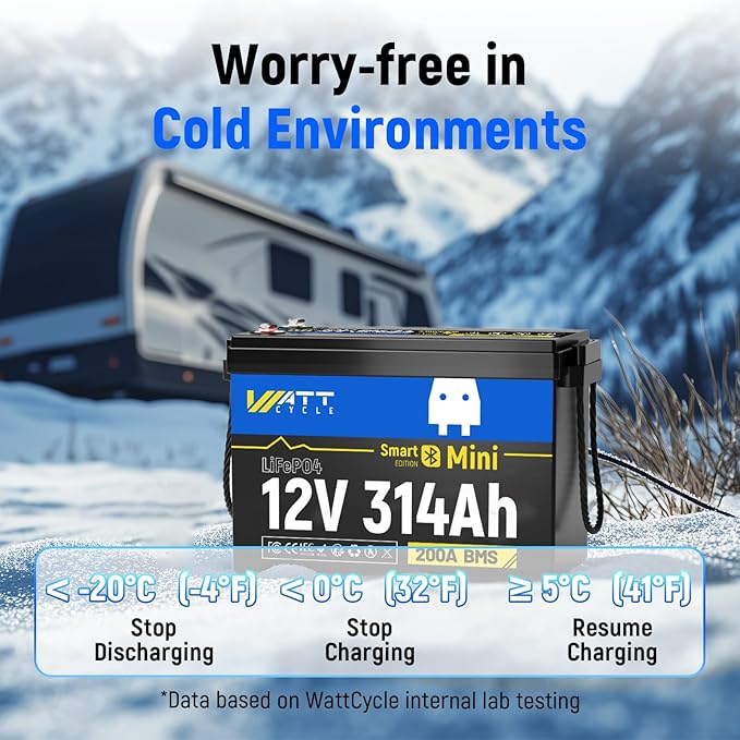 12V 314Ah Lithium LiFePO4 Battery Mini with Bluetooth 5.0 BMS 200A, 4.01kWh Energy, Upgraded Aluminum Cooling Fins & Braided Copper Wires, upporting devices over 2000W (3 PCAK)