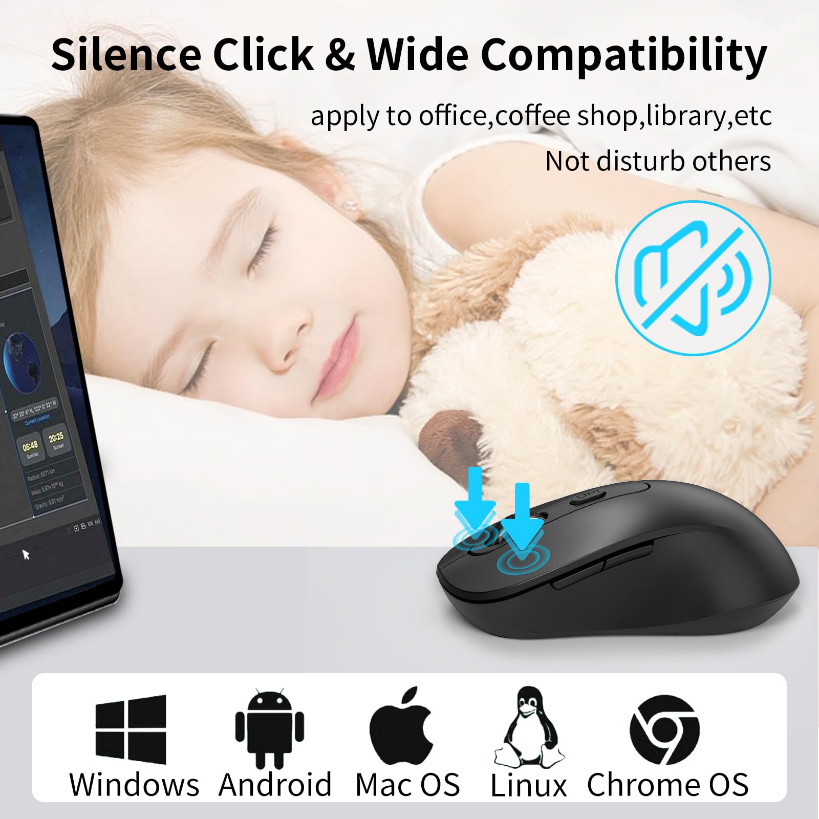 Wireless Mouse for Laptop, PC, Chromebook, Mac, MacBook, Silent Wireless Mouse with USB Nano Receiver, Side Button, 2400 DPI, Anti Slip Roller, 6 Button Ergonomics Cordless Computer Mice - Black