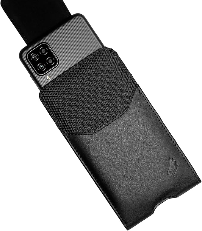 Leather Cell Phone Holster for Cricket Debut, Icon, AT&T Radiant Core, Calypso 2, Moto E6, G7 Play, Alcatel Onyx, REVVLRY REVVL2 - Vertical Case Waist Carrying Pouch with Belt Clip/Loops, Black