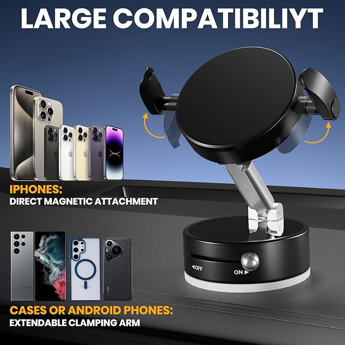 Upgraded 360° Adjustable Vacuum Magnetic Phone Holder, Vacuum Suction Magnetic Phone Mount with Clamp Foldable Phone Holder for Car/Gym/Mirror/Smooth Surface, Suitable with All Smartphones (Black)