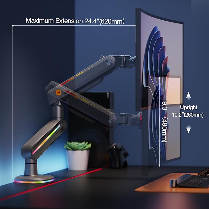 RGB Gaming Monitor-arm for Flat/Ultrawide/Curved Monitors 32 to 60 inch, Heavy Duty Stand Load up to 20 kg, VESA 75/100 mm Monitor-Mount F6-G