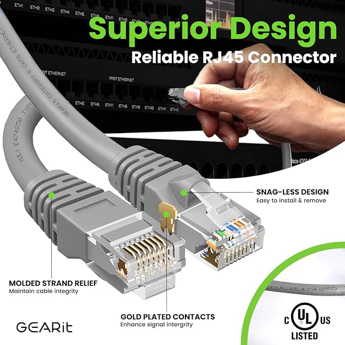 GEARit Cat 6 Ethernet Cable (1-Pack 1 Foot) Cat6 Network Patch, 10Gbps, RJ45, Snagless Cord, Gold-Plated Connectors, Internet for PC, TV, Tablet, Router, Printer, Servers, IT Data Center - Gray