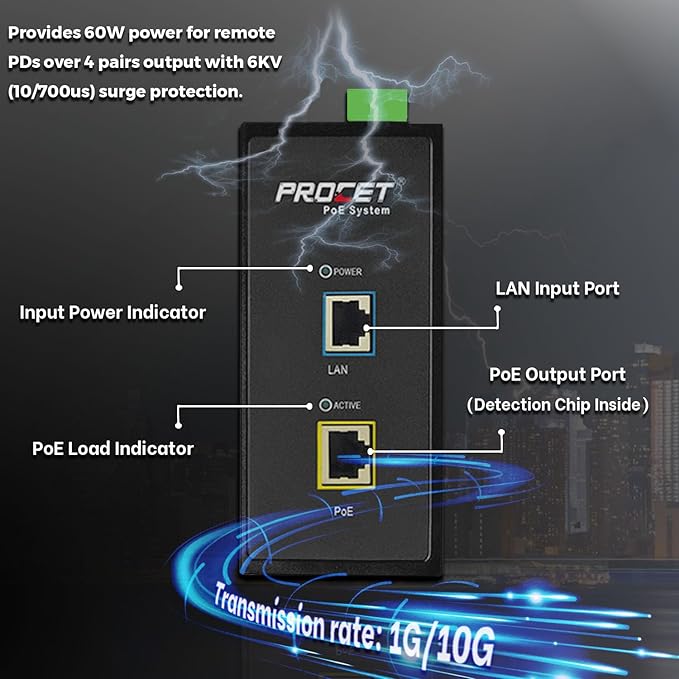 PROCET 10 Gbps Gigabit PoE++ Injector Din Rail, 60W Industrial Boost PoE Adapter with Wide Temp -40°F to 149°F, 6KV Surge Protection, 12-55V DC Input, IEEE802.3af/802.3at/802.3bt, PT-PSE105GB-E-10