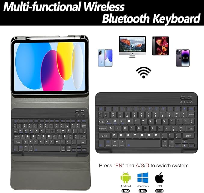 Keyboard Case for iPad 11th 10th Generation - iPad 10th Generation Case with Detachable Wireless Keyboard - Smart Folio Cover with Pencil Holder for 11-inch A16 2025 10.9-inch 2022, Black