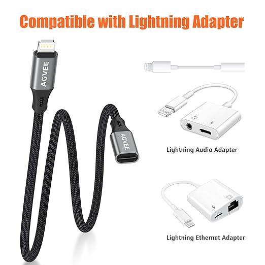 AGVEE 2 Pack 3.3ft Lightning Extension Cable, Braided Female to Male Extender Full Function Cord Compatible with iPhone iPad, Data Sync Video Audio & Charging Charger Connector Adapter, Dark Gray