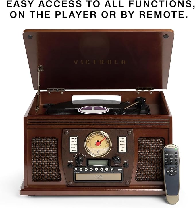 Victrola Navigator 8-in-1 Bluetooth Record Player with Built-in Speakers – 3 Speed Turntable, CD Player, Cassette, FM Radio, USB, RCA Out, Headphone Jack, Wireless Music Streaming, Real Wood (White)
