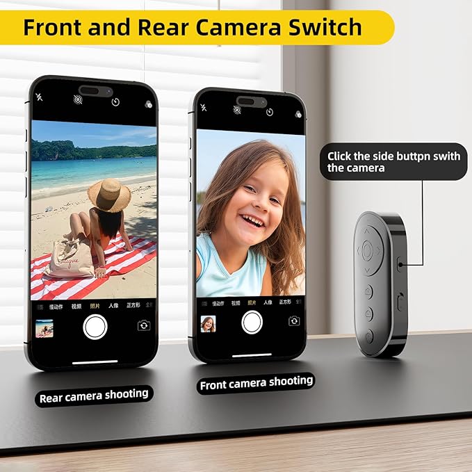 Bluetooth Camera Remote Shutter with Zoom and Camera Switch for Photo and Vlogging, Cellphone Remote Clicker for iOS & Android Smartphone, Wireless Video Scrolling with Metal Phone Stand for Tiktok