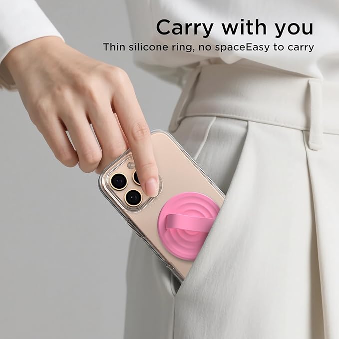 Magnetic Phone Ring Grip Holder, Silicone Finger Loop Grip, Compatible with MasSafe, Back of Phone for iPhone Pro Max/Plus/16/15/15/14/13/12 Series, Tender Pink