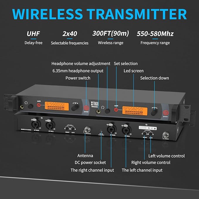 XTUGA RW2080 Wireless in Ear Monitor System 8 Bodypacks UHF IEM System, 2 * 40 Frequencies Mono Design Stage Monitors Earphone, 300Ft for Band, Studio or Musicians, 902-928mhz