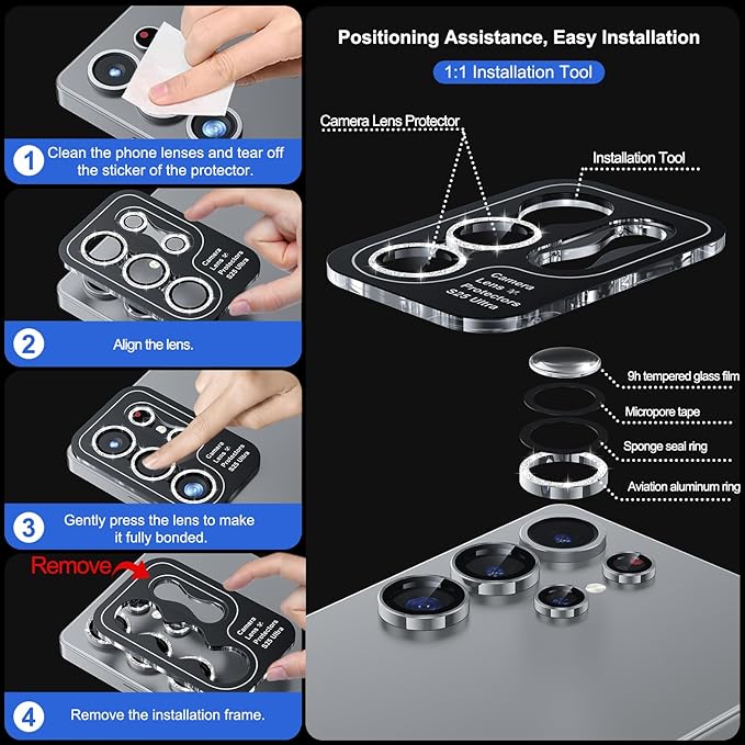 WSKEN for Samsung Galaxy S25 Ultra Camera Lens Protector - Ultra Thin Case Friendly, 9H Shatterproof Tempered Glass with Aluminum Metal Circle Camera Screen Protector Cover Accessories, Glitter