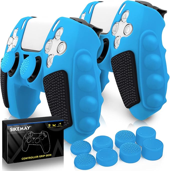 SIKEMAY Anti-Slip PS5 Controller Skin, Soft Thicken Non-Slip Studded Silicone Gel Grip Protective Cover Case for PlayStation 5 Controller Grip, 2 Pack with 8 x Thumb Grip Caps