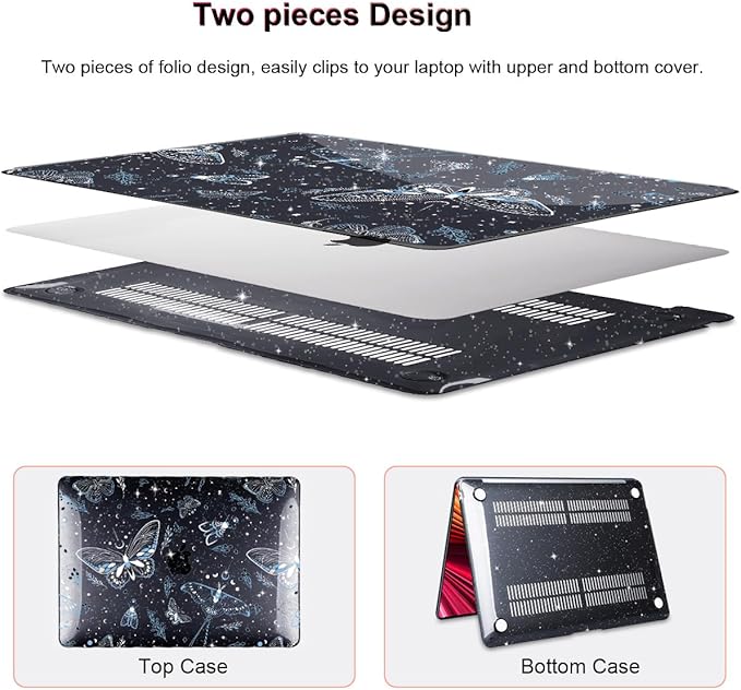 for MacBook Air 13 inch Case 2021 2020 2019 2018 Release M1 A2337 A2179 A1932, Glitter Black Pritned Pattern Hard Case Cover for Mac Air 13 M1 Retina Display with Touch ID, Butterfly Sky