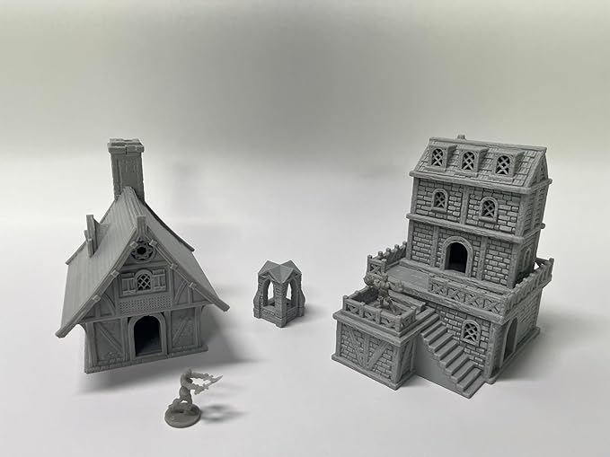 Medieval Miniature Building Terrain Set Compatible with Tabletop RPG War Games, Dioramas Building Set, Paintable, Gift for Tabletop Hobby Enthusiasts by HAUTICO (18mm Scale)