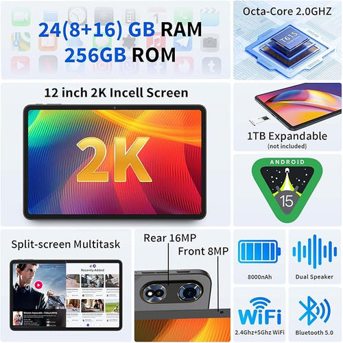 12 Inch Tablet Android 15 Tablets, 2026 Upgraded Android Tablet with Keyboard, 24GB RAM+256GB ROM(1TB Expand), Octa-Core, 2K 2000x1200 Display, 16MP Dual Camera, 8000mAh, 2.4G/5G WiFi, GPS (Black)