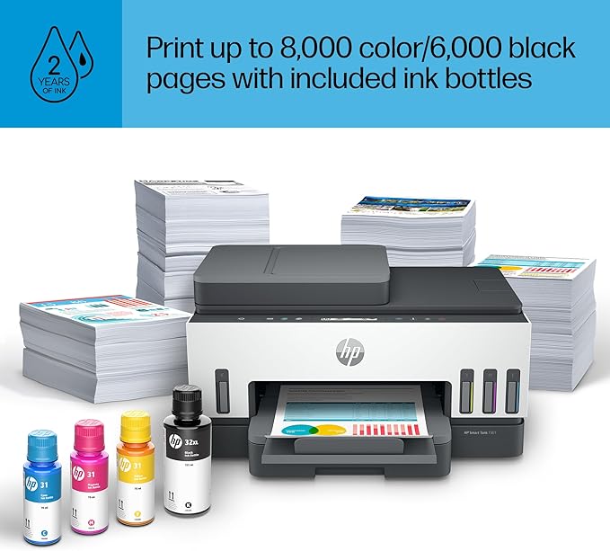 HP Smart Tank 7301 Wireless All-in-One Refillable Ink Tank Printer, Scanner, Copier with 2 years of ink included, Best for home office(28B70A)