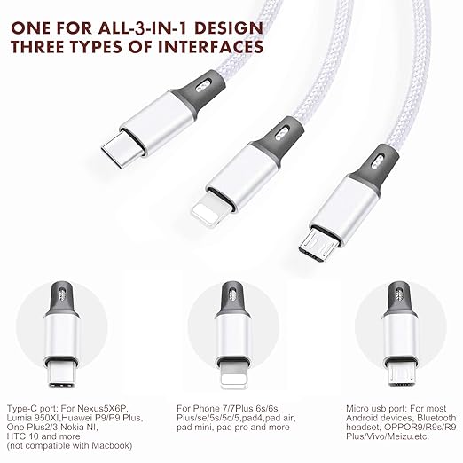 Multi USB Charging Cable 3A, 3 in 1 Fast Charger Cord Connector with Dual Phone/Type C/Micro USB Port Adapter, Compatible with Tablets Phone 12 11 Pro 8 7 6 Samsung Galaxy (4FT/2Pack Charging Only)