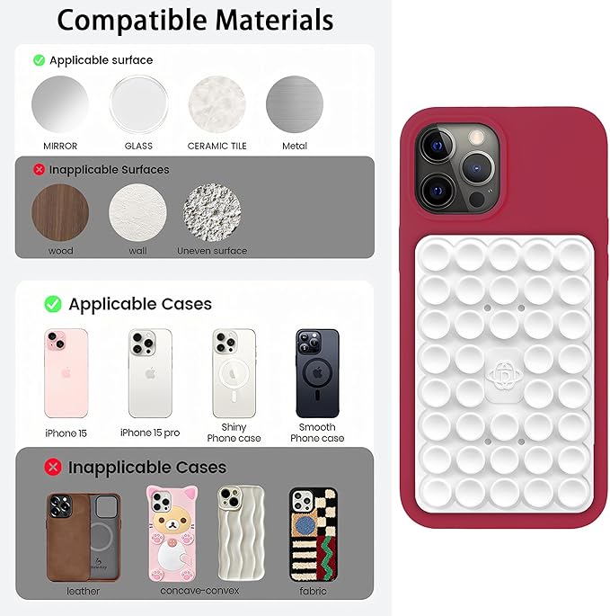 Silicone Double-Sided Suction Phone Grip Detachable Mount - Car Dashboard/Shower Phone Holder, Hands-Free For Selfies & Videos, ASMR- iphone & Android Compatible (Large, Baby Pink+Purple)