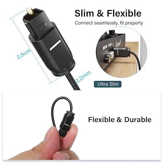 Adoreen Ultra-Thin Slim Digital Optical Audio Cable 20FT, Fiber Optic SPDIF Toslink Cord Gold-Plated High-Speed Flexible & Durable for TV Soundbar Home Theater Game Console PS4 Xbox Samsung +Ties