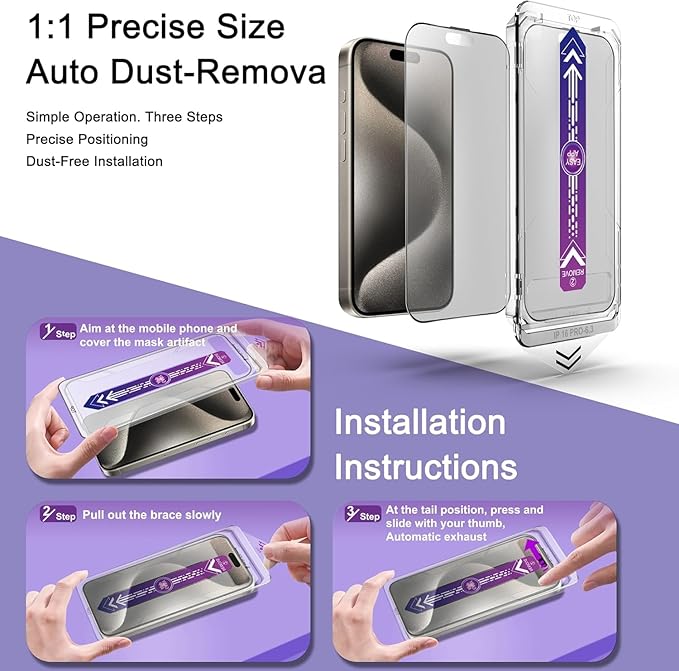 Matte Screen Protector for iPhone 17, iPhone 16 Pro 6.3-Inch, Auto Dust Removal, 9H Tempered Glass, Full Cover, Anti-Fingerprint, Easy Installation, 2 Pack