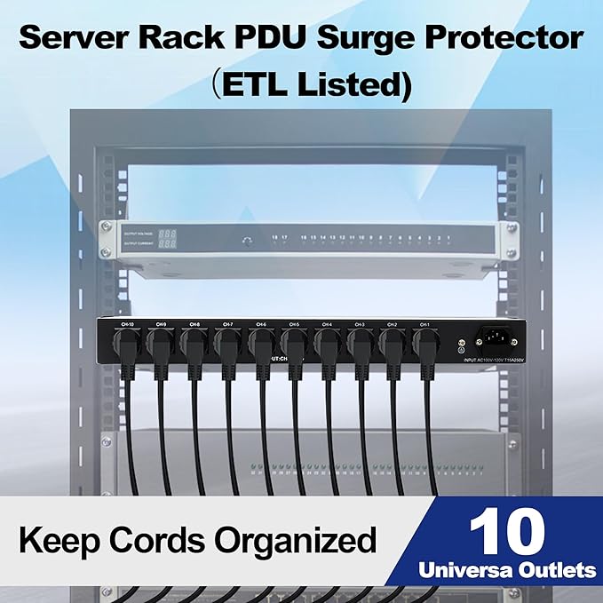 10 Outlets 1U Horizontal PDU Network Rackmount Power Strip with Surge Protector, (SPD-10KA) 100-240V,15A 3600 Joules, w/10 LED Switches and 6ft 14 AWG Cord, ETL Listed
