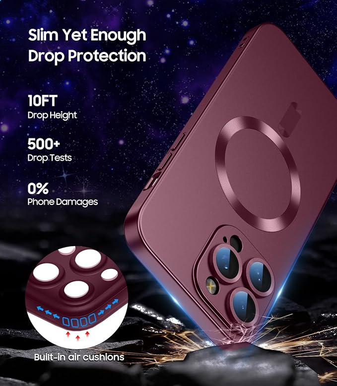 Magnetic for iPhone 15 Pro Case [Compatible with MagSafe][Built-in Camera Lens Protector] Slim Soft Silicone Bumper Shockproof Metallic Shine Phone Case (Burgundy)