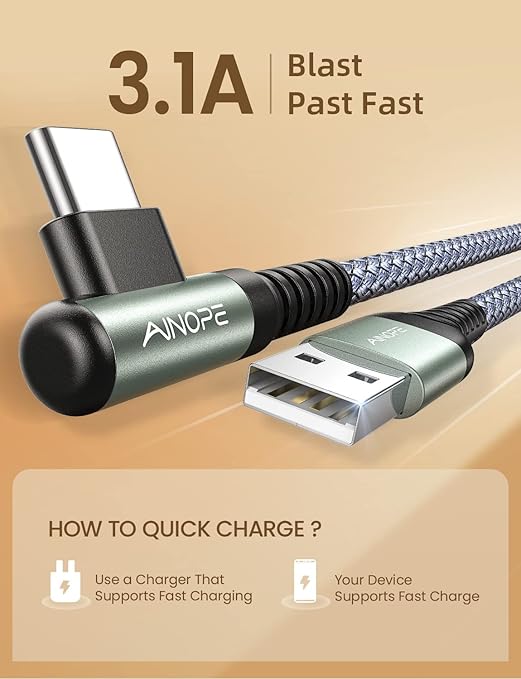 AINOPE USB C Charging Cable (3-Pack, 3.3ft/6.6ft/10ft) 3.1A Fast Charging Right Angle USB Type C Cable, Resistant Nylon Braided USB Cable Compatible Galaxy S10 S9 S8 Plus S21, Note 10 9 8, LG V30