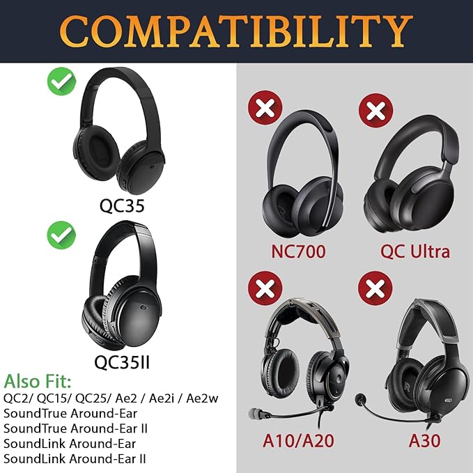 SoloWIT Replacement Earpads Cushions for Bose QuietComfort 35 (QC35) & Quiet Comfort 35 II (QC35 ii) Headphones, Ear Pads with Softer Leather, Noise Isolation Foam, Added Thickness (Black)