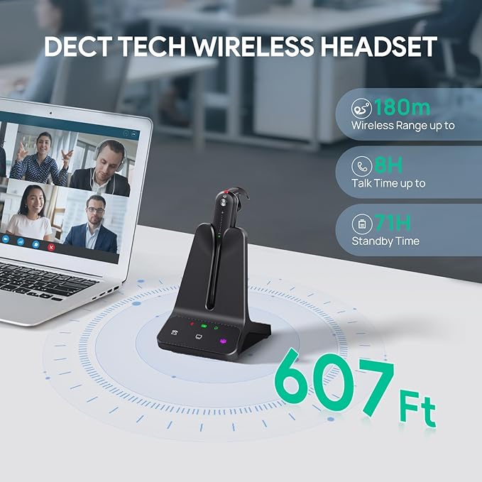 Yealink Wireless DECT Headset WH63 E2,Teams Certified,Single Ear (Mono) Convertible Headset,Connects to Desk Phone&Computer,Noise Canceling Microphone,3 Wearing Styles