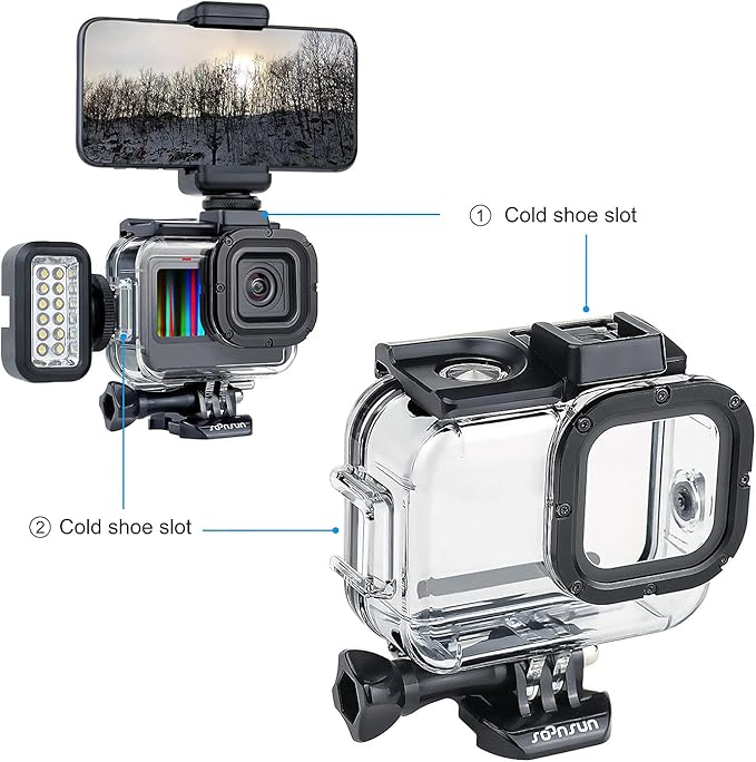 SOONSUN Waterproof Case for GoPro Hero 13 12 11 10 9 Black,196FT/60M Underwater Protective Diving Housing with Accessories, Built-in Dual Cold Shoe Mount to Connect Video Light and Microphone