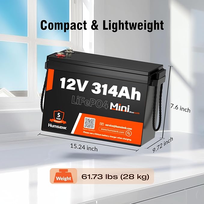 12V 300Ah (314Ah) LiFePO4 Lithium Battery Bluetooth MINI, Max. 4190Wh Energy, EV A+ Cells, Built-in 100A BMS, 15000 Deep Cycles Batterys for RV, Marine, Solar